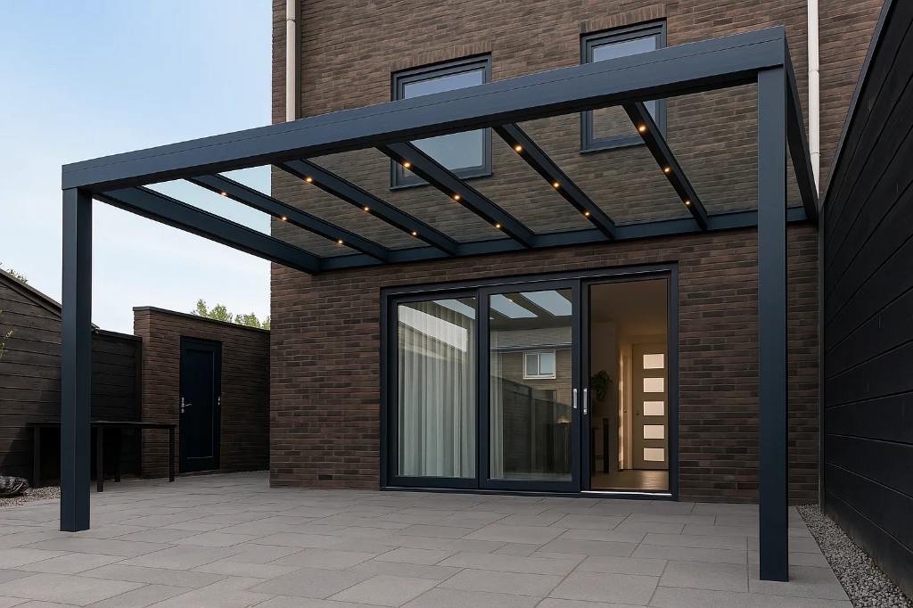 Moderne anthrazitfarbene Aluminium-Terrassenüberdachung an einem Backsteinhaus mit integrierter LED-Beleuchtung