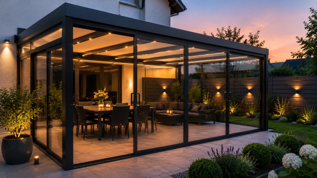 Terrassenüberdachung mit raumhohen Glasschiebewänden in Anthrazit am Abend – wind- und wetterfest mit Blick in den Garten