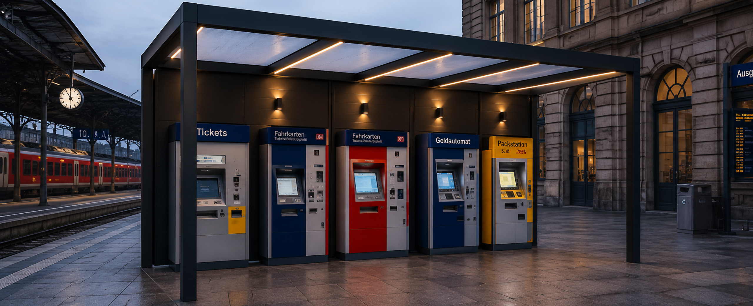 Moderne Automatenüberdachung aus Aluminium mit mehreren Ticket- und Serviceautomaten am Bahnhof