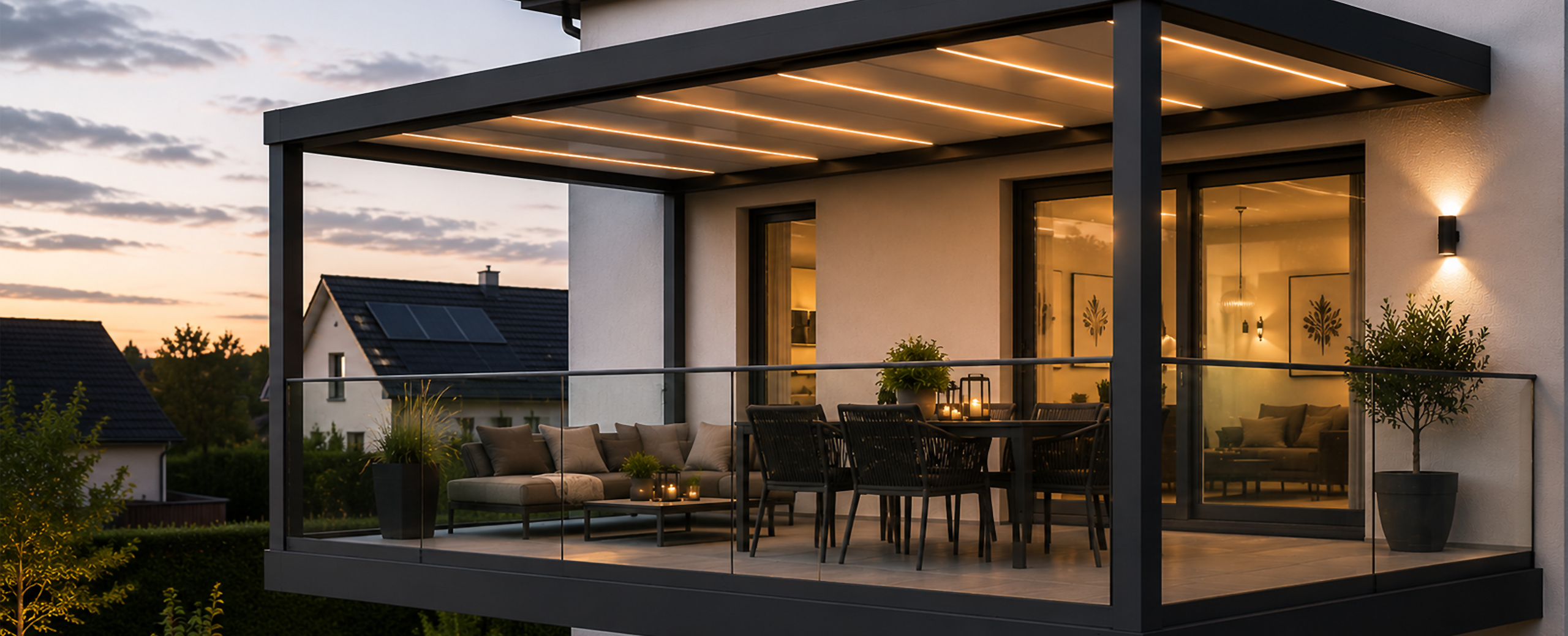 Moderne anthrazitfarbene Balkonüberdachung mit integrierter Beleuchtung und überdachtem Balkon am Abend