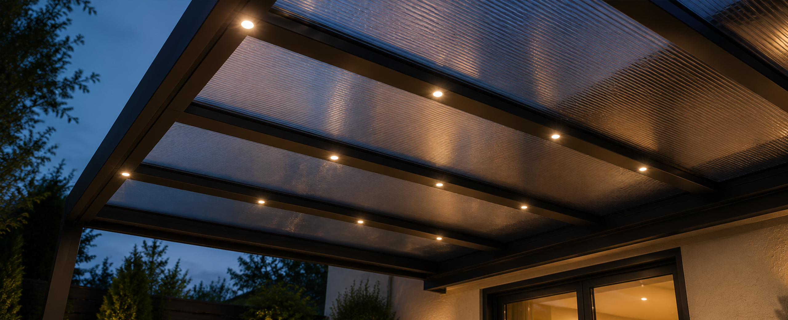 Moderne Terrassenüberdachung mit integrierter LED-Beleuchtung am Abend