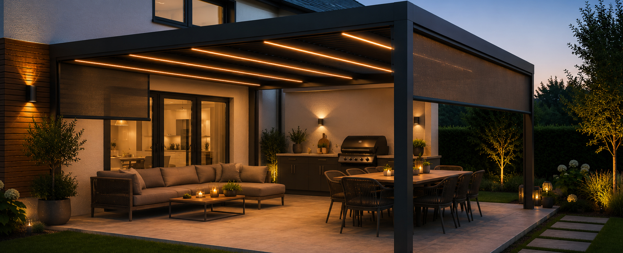 Moderne anthrazitfarbene Terrassenüberdachung mit integrierter Beschattung, Lounge und Essbereich am Abend