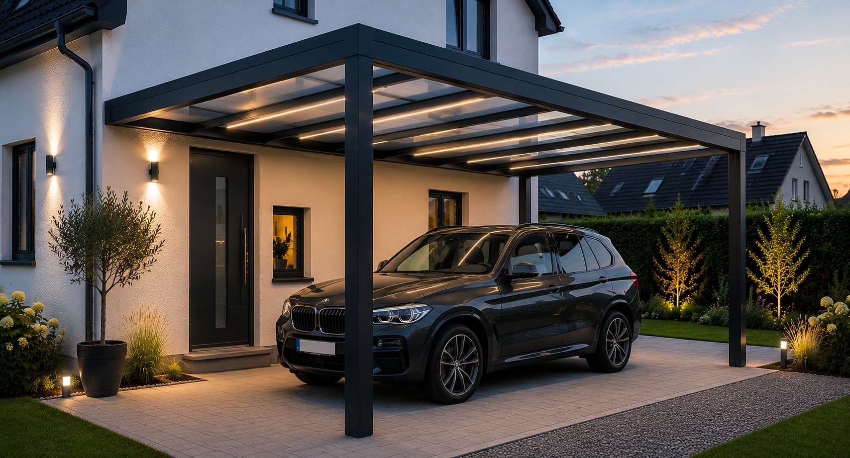 Moderner anthrazitfarbener Aluminium-Carport mit integrierter Beleuchtung und geparktem Fahrzeug am Abend