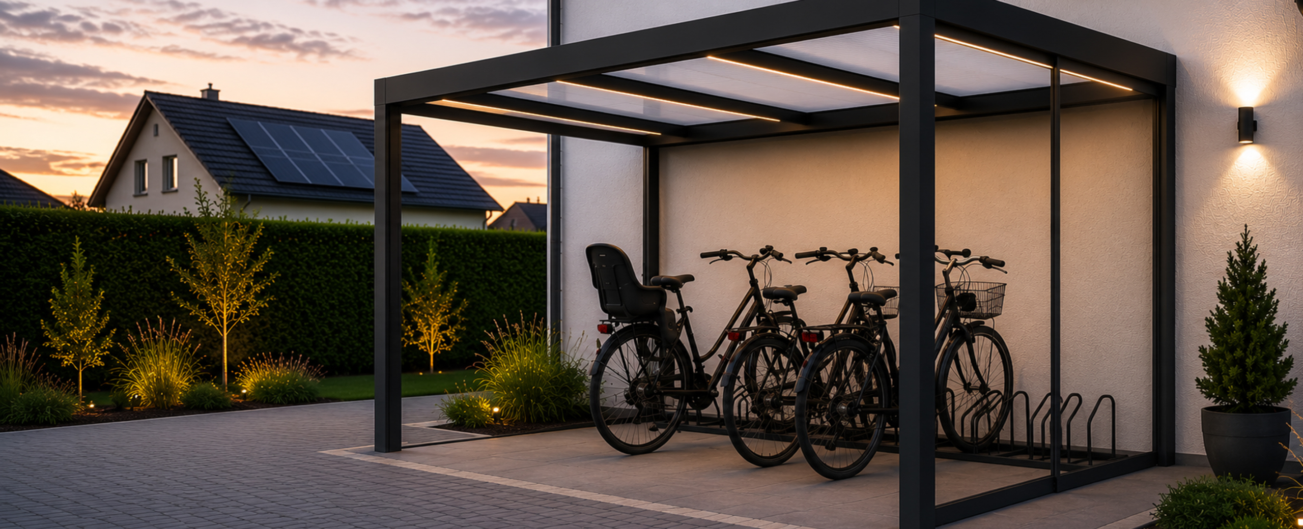Moderne anthrazitfarbene Fahrradüberdachung mit überdachtem Fahrradstellplatz am Abend