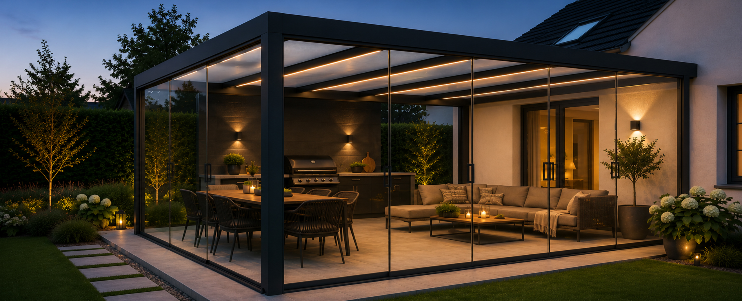 Moderne anthrazitfarbene Terrassenüberdachung mit Glasschiebewänden, Essbereich und Lounge am Abend