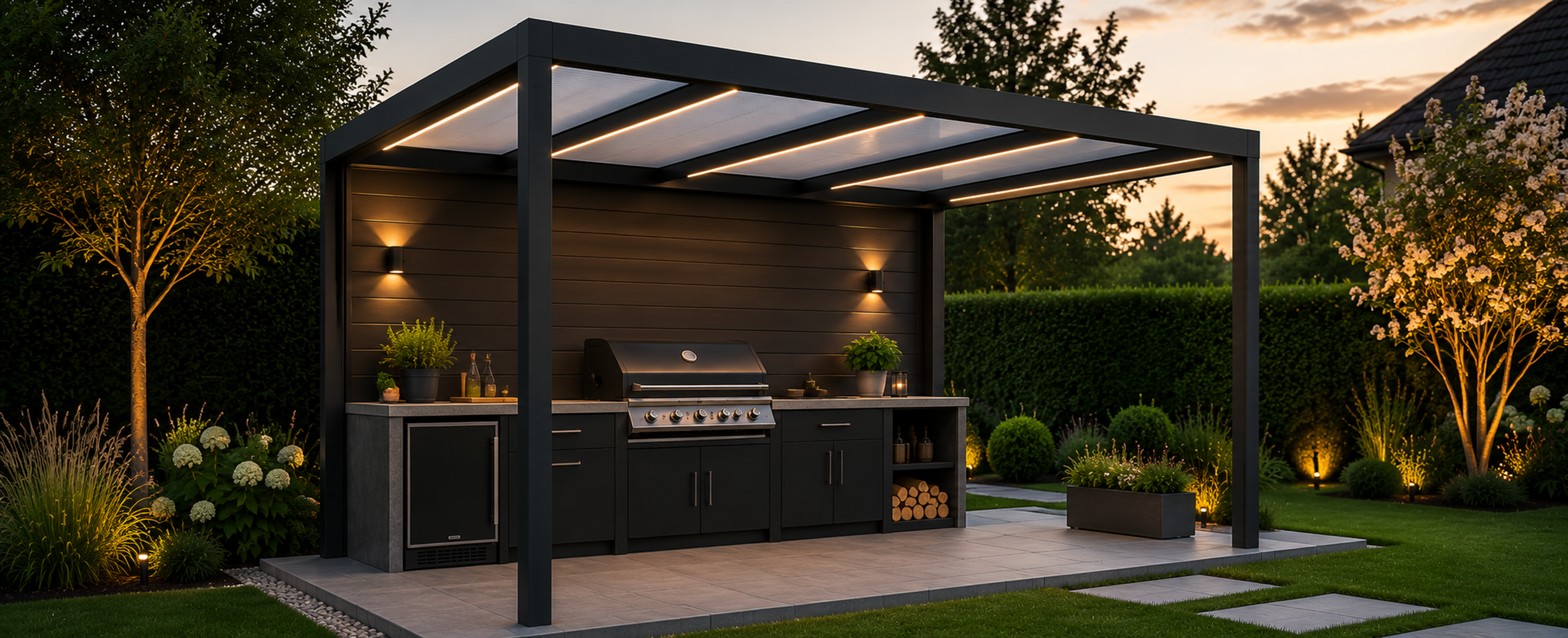 Moderne anthrazitfarbene Grillüberdachung mit Außenküche und überdachtem Grillbereich am Abend