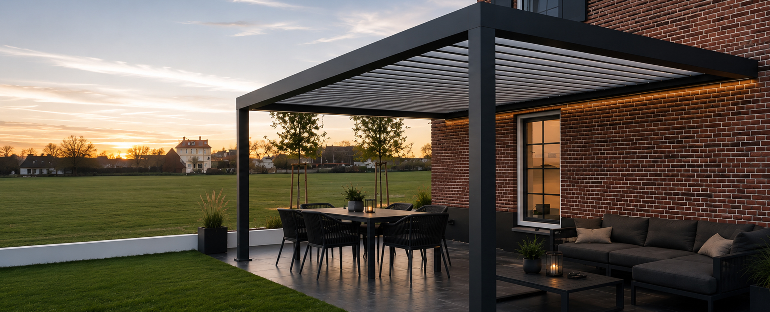 Modernes anthrazitfarbenes Pergola-Lamellendach mit Essbereich und Lounge am Abend