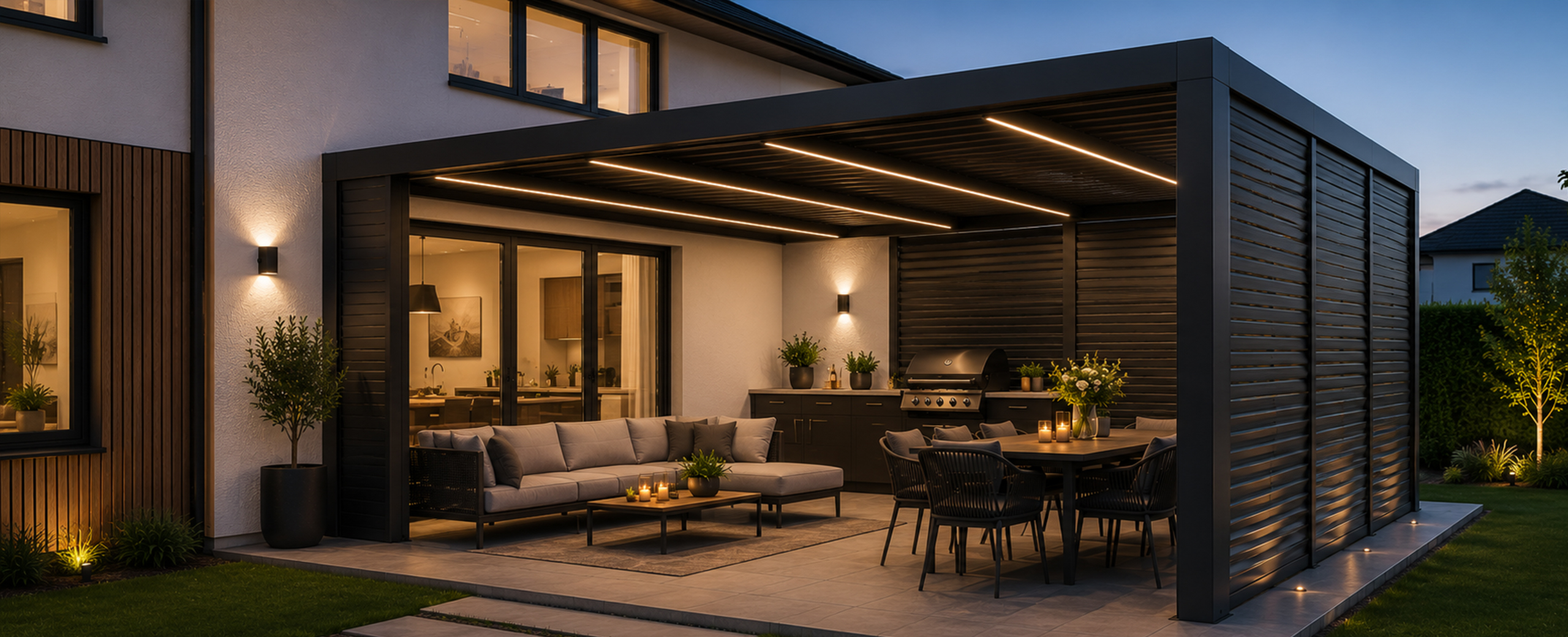 Moderne anthrazitfarbene Terrassenüberdachung mit integrierten Seitenwänden, Lounge und Essbereich am Abend