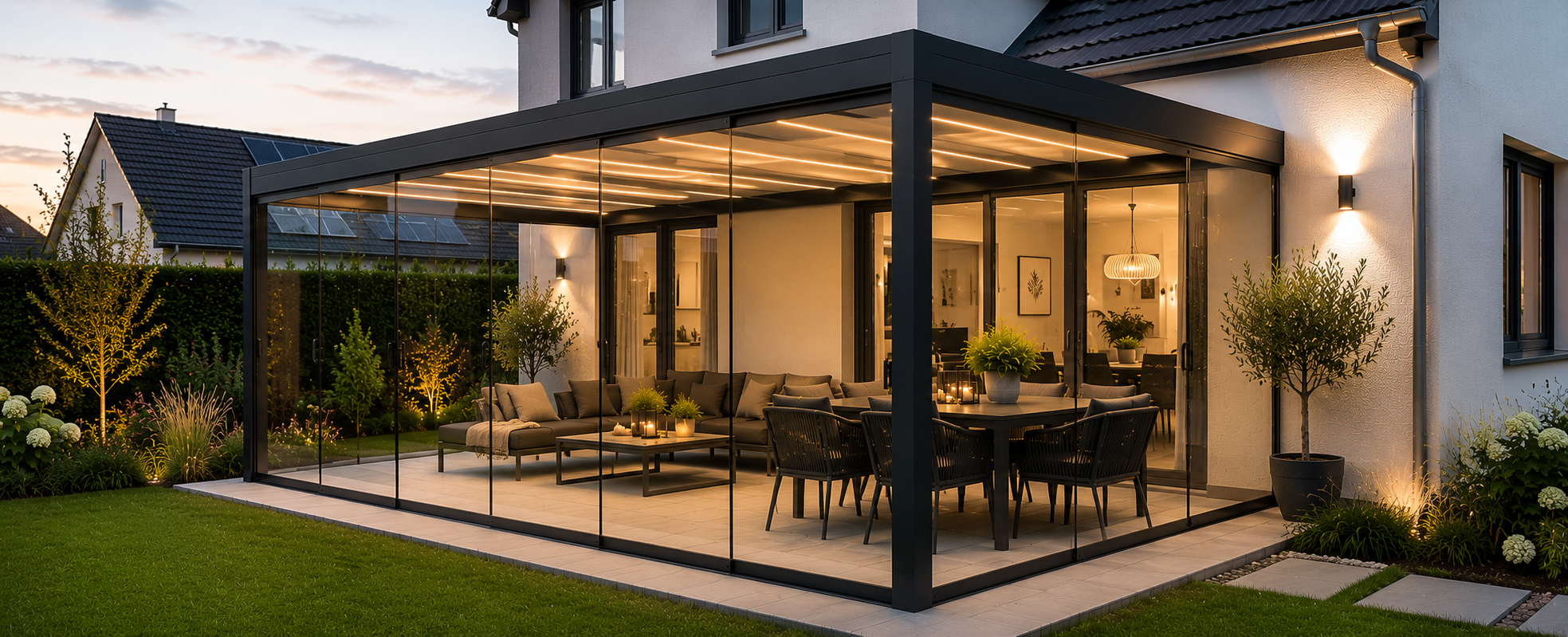 Stimmungsvoll beleuchtete Aluminium-Terrassenüberdachung mit Glasschiebewänden am Abend – warmes LED-Lichtkonzept und Sitzbereich im Garten