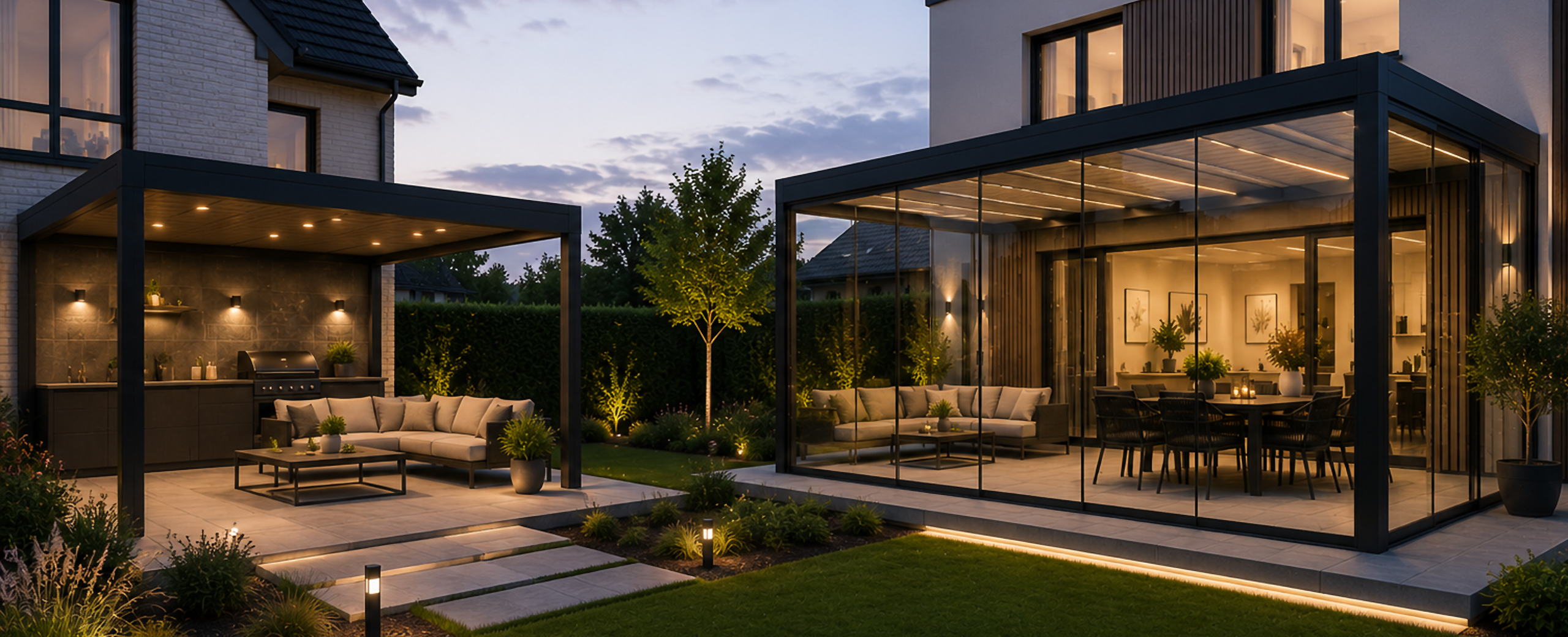 Moderne anthrazitfarbene Überdachungen mit großzügigen Glasflächen, Lounge- und Essbereich am Abend