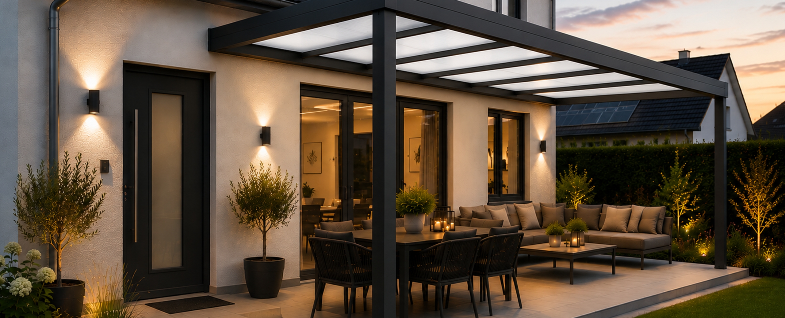 Moderne anthrazitfarbene Veranda mit integrierter Beleuchtung, Essbereich und Lounge am Abend