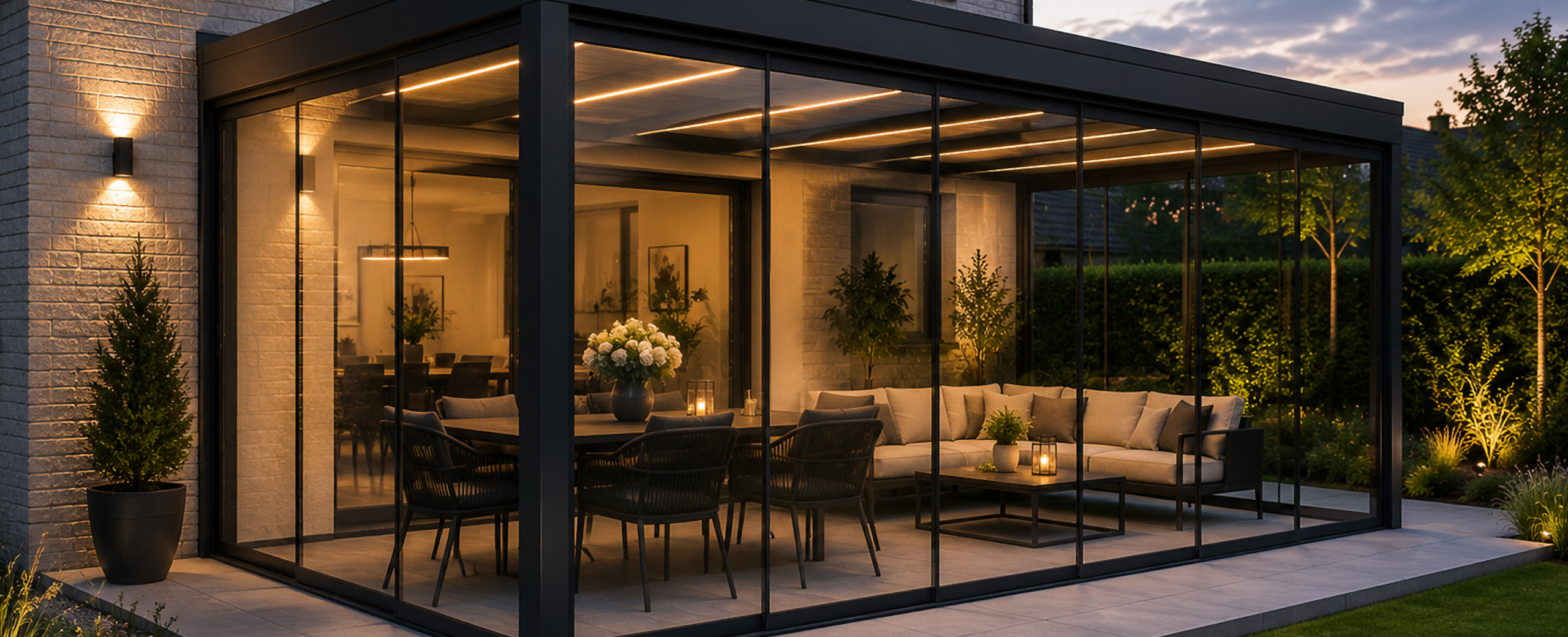 Moderner Wintergarten aus Aluminium und Glas mit heller Sitzfläche und Blick in den Garten