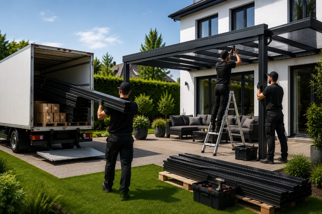 Lieferung mit LKW und Montageteam bei der Installation einer Aluminium-Terrassenüberdachung am Bestand
