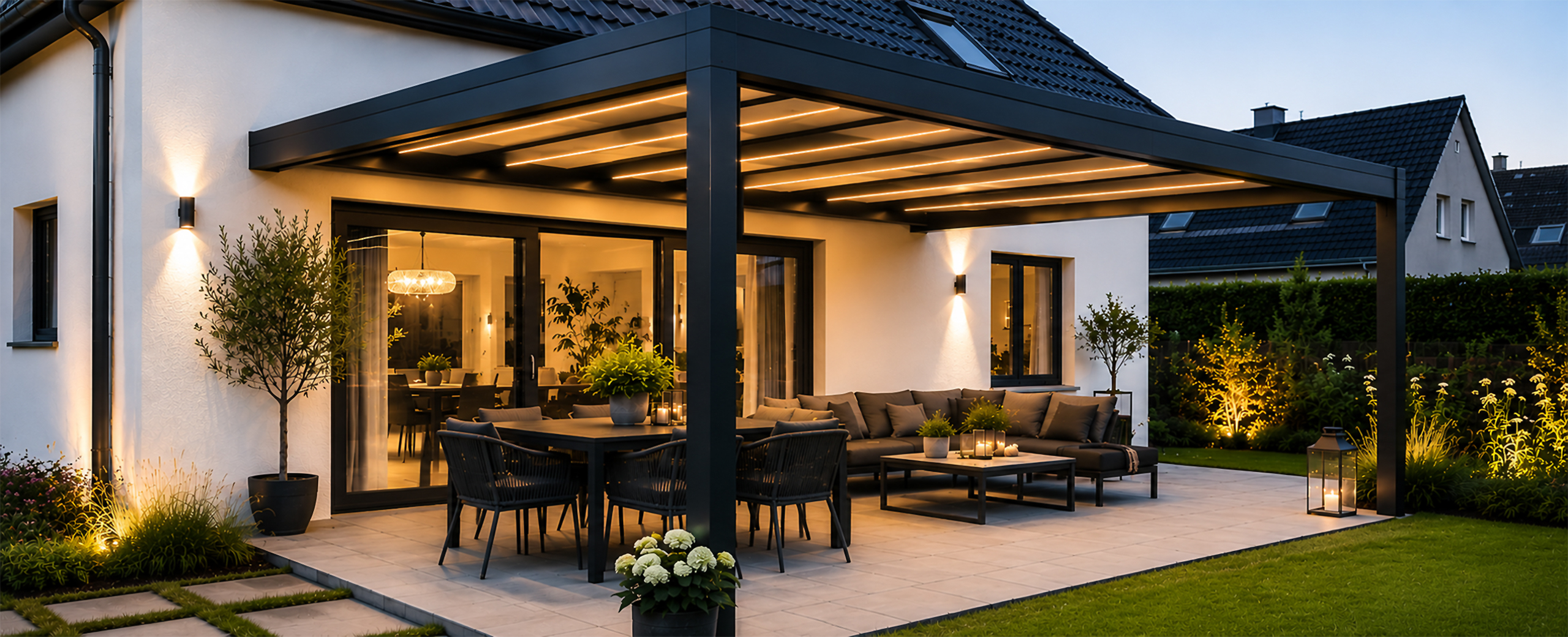 Moderne anthrazitfarbene Terrassenüberdachung mit integrierter Beleuchtung, Essbereich und Lounge am Abend