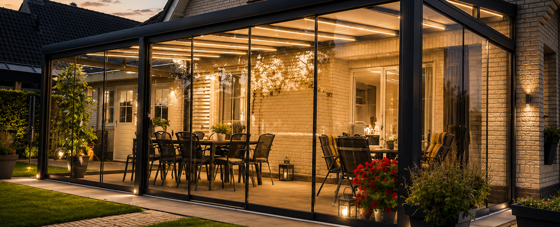Moderne Terrassenüberdachung aus Aluminium mit Beleuchtung am Abend
