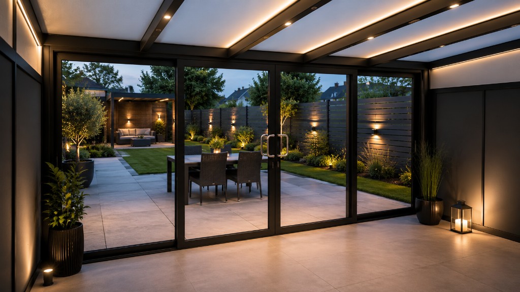 Stimmungsvoll beleuchtete Aluminium-Terrassenüberdachung am Abend mit Blick in den Garten – fachgerechte Montage inkl. LED-Lichtkonzept