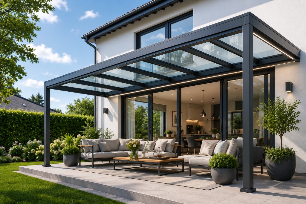 Terrasse mit anthrazitfarbener Aluminium-Konstruktion und klarer Glas-Eindeckung, integrierte LED-Beleuchtung