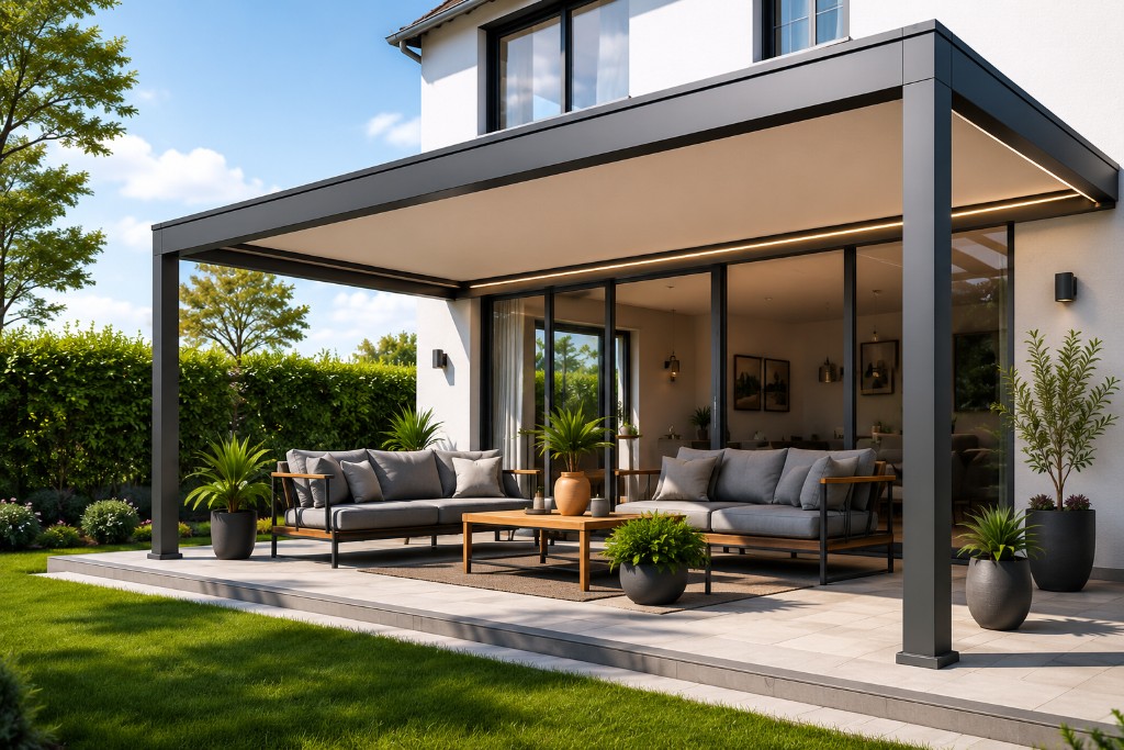 Moderne Terrasse mit anthrazitfarbener Aluminium-Pergola, ausgefahrener heller Markise und LED-Streifen