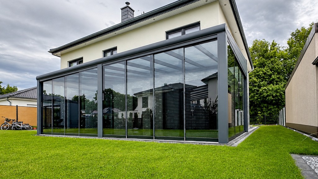 Terrassenüberdachung mit Glasschiebewänden und Aluminiumrahmen: wettergeschützter Außenbereich mit Glasdach