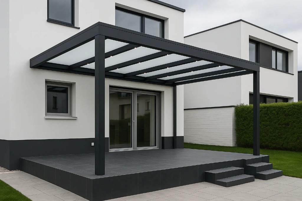 Maßgefertigte Aluminium-Terrassenüberdachung in Anthrazit mit Glas-/Polycarbonat-Eindeckung an einem modernen Haus